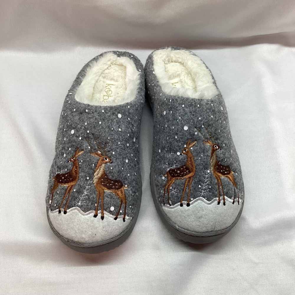 Kooba Womens Reindeer Embroidered Faux Fur Lined Mule Slippers Grey Size S 5-6